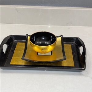 Authentic Japanese Black and Gold Decorative Tray Bowl Set
